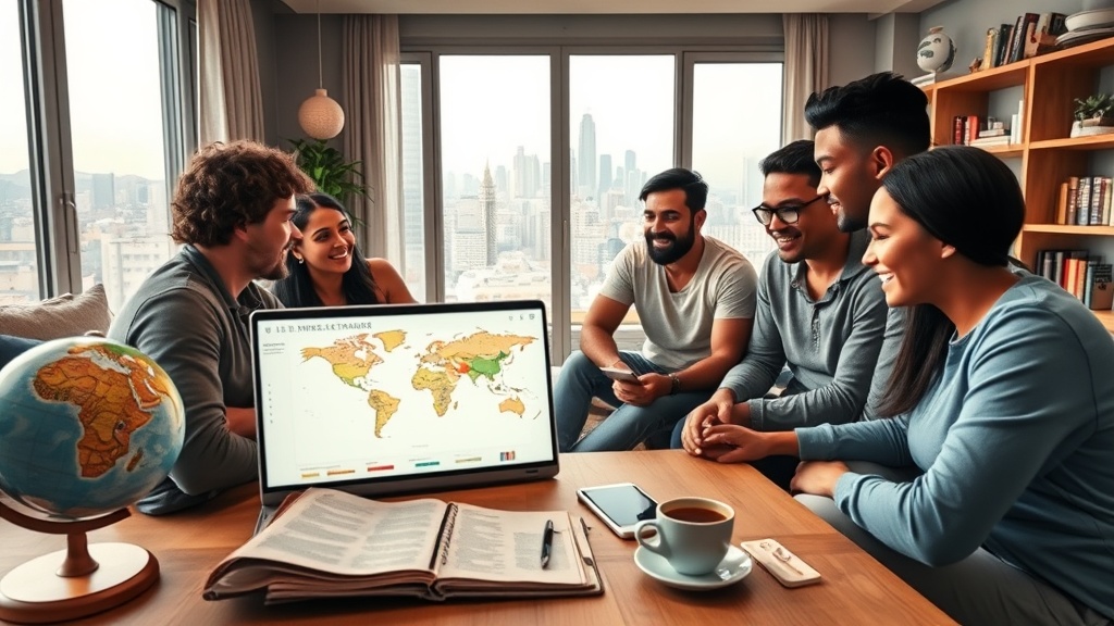 Generate an ultra-realistic image depicting a diverse group of people gathered around a laptop in a cozy, modern living room. The screen should display a world map with various travel destinations highlighted. On a nearby table, show an open notebook with a pen, a smartphone, and a steaming cup of coffee. In the background, include subtle elements like a world globe, travel magazines, and a bookshelf filled with travel guides. Through the window, capture a serene view of a cityscape. The atmosphere should convey excitement and focus, highlighting the theme of discovering new destinations while building income.