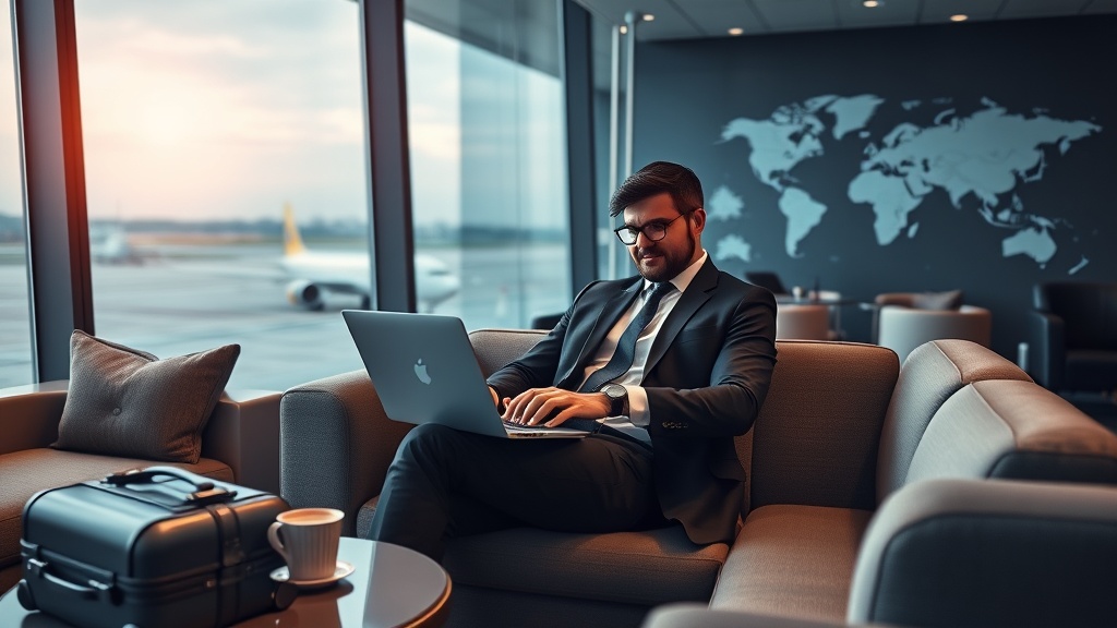Create an ultra-realistic image showcasing a sophisticated business traveler in a luxurious airport lounge, highlighting the blend of travel and entrepreneurship. The scene should capture a well-dressed individual, appearing both relaxed and focused, seated comfortably with a laptop open, reviewing travel plans. Surrounding them are subtle elements indicating premium travel experiences: a sleek suitcase, a coffee cup on a modern table, and a view of a runway through large glass windows. The lounge is elegantly designed with plush seating, ambient lighting, and a world map subtly displayed on a wall, symbolizing global travel opportunities.