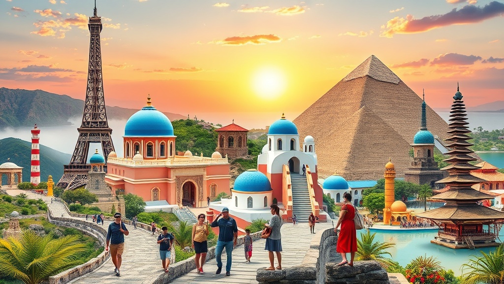 Create an ultra-realistic image depicting a collage of iconic global destinations, highlighting their unique characteristics and cultural elements. Include the Eiffel Tower in Paris, the Great Wall of China, Santorini`s blue-domed buildings, the pyramids of Giza, the vibrant streets of Tokyo, and the serene beaches of Bali. Capture the essence of adventure and exploration with diverse travelers experiencing these locations, showcasing a sense of wonder and excitement. Use warm, inviting colors to evoke a sense of wanderlust and global connection.