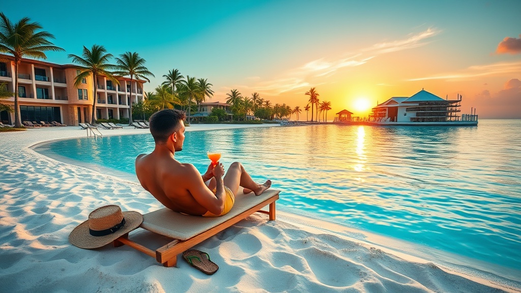 Create an ultra-realistic image depicting a luxurious vacation scene that embodies the essence of leaving behind a 9–5 job for five-star getaways. In the foreground, show a couple relaxing on a pristine beach, with a cocktail in hand, overlooking crystal clear turquoise waters. The background should feature a lavish resort with modern amenities, palm trees swaying in the gentle breeze, and a stunning sunset casting a warm glow over the scene. Include elements that signify freedom and leisure, such as a pair of flip-flops casually placed in the sand, a sun hat resting on a lounge chair, and a travel map with visible destinations marked. Ensure the image conveys a sense of relaxation, escape, and the ultimate luxury travel experience offered by Travorium.