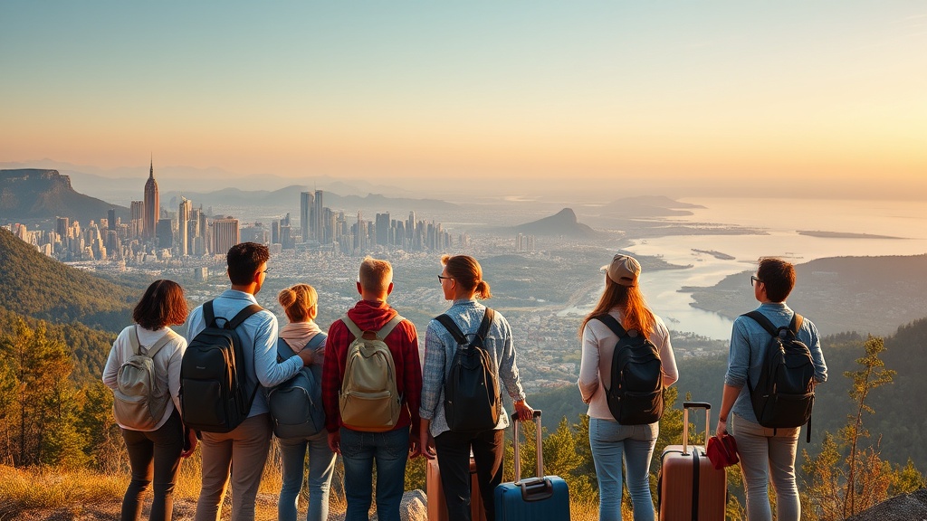 Create an ultra-realistic image of a diverse group of travelers standing on a scenic overlook, gazing at a vast landscape that transitions from a bustling cityscape on one side to untouched natural wonders on the other. The skyline should feature iconic landmarks from around the world, seamlessly blending into dense forests, majestic mountains, and serene beaches. The travelers, dressed in casual, contemporary attire, represent various cultures and ages, each holding a travel-related item like a camera, a map, or a suitcase. The lighting is warm, suggesting a golden hour setting, casting a gentle glow on their faces filled with awe and excitement. The atmosphere conveys a sense of endless possibilities and adventure, embodying the theme of exploring the world beyond traditional travel experiences.